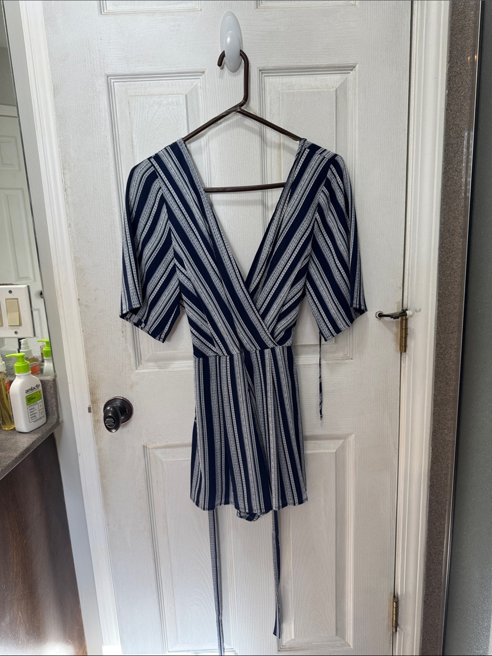 Striped Navy Wrap Romper - Women's Navy Blue